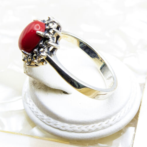 Silver ring with red coral and marcasite gem stones