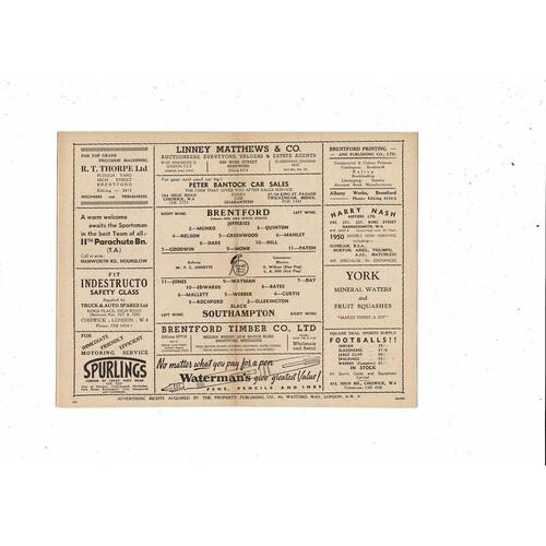 1949/50 Brentford v Southampton Football Programme