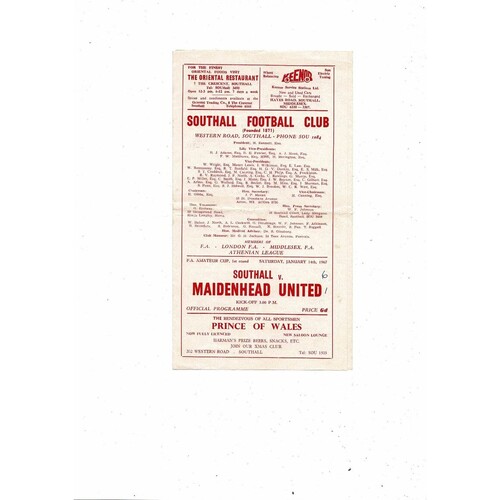1966/67 Southall v Maidenhead FA Amateur Cup Football Programme