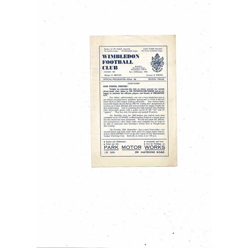 1964/65 Wimbledon v Chelmsford City Metropolitan League Football Programme