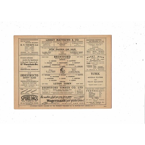 1949/50 Brentford v Luton Town Football Programme