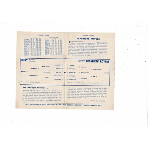 1959/60 Bury v Tranmere Rovers Football Programme