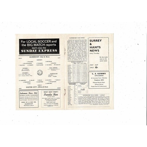 1966/67 Aldershot v Exeter City Football Programme
