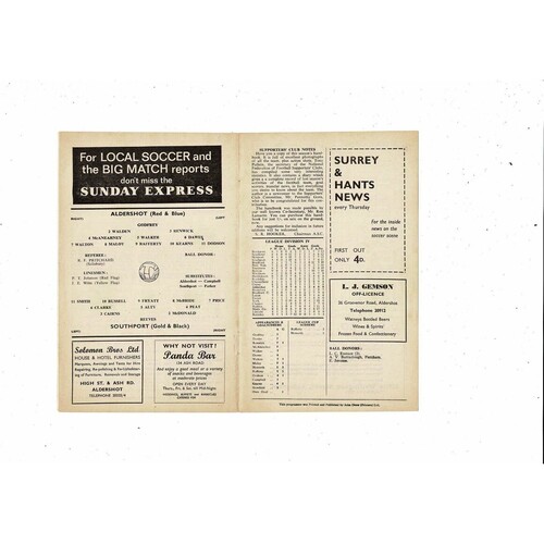 1966/67 Aldershot v Southport Football Programme