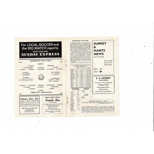 1966/67 Aldershot v York City Football Programme