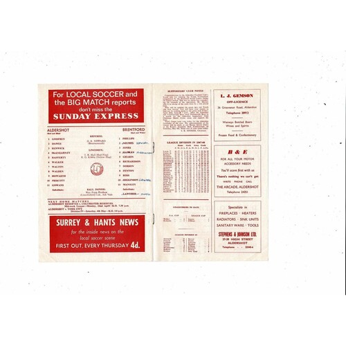 1967/68 Aldershot v Brentford Football Programme