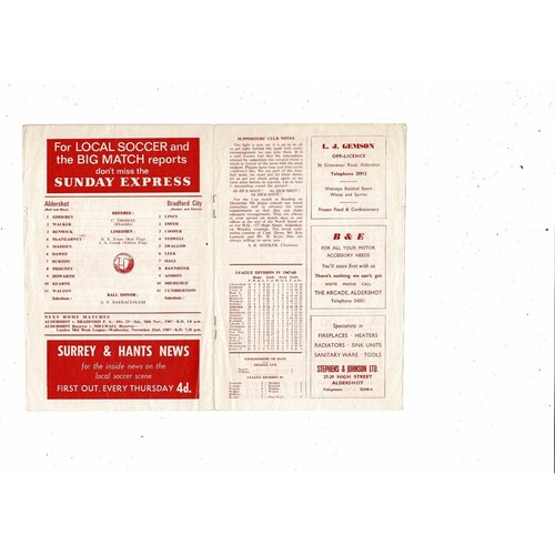 1967/68 Aldershot v Bradford City Football Programme