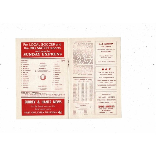 1967/68 Aldershot v Luton Town Football Programme Nov