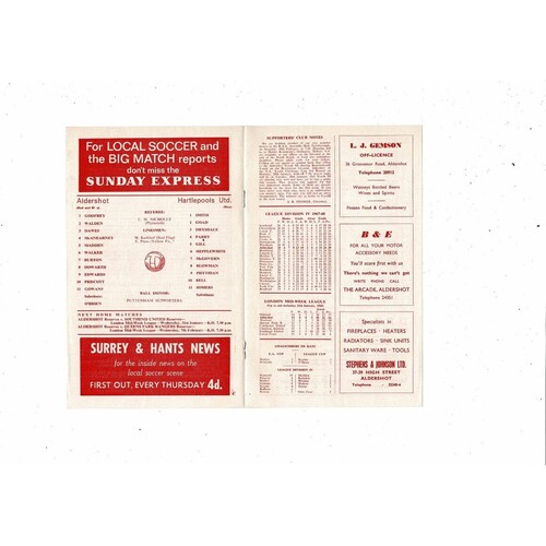 1967/68 Aldershot v Hartlepool United Football Programme