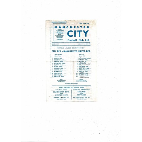Manchester City v Manchester United Central League Football Programme 1970/71