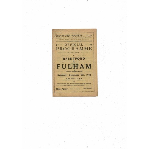 1942/43 Brentford v Fulham Football Programme