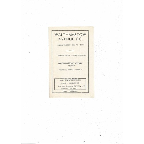 Walthamstow Avenue v Corinthian Casuals Reserves Football Programme 1962/63