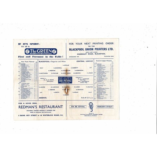 1953/54 Blackpool v Arsenal Football Programme
