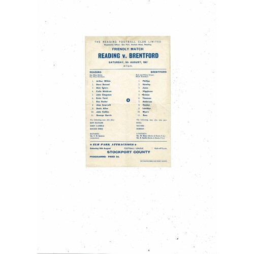 Reading v Brentford Friendly Football Programme 1967/68