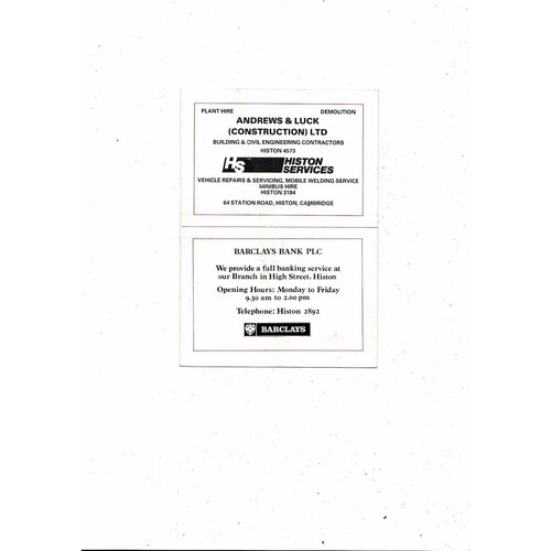 Histon v Arsenal Floodlit Friendly Football Programme 1984/85 4th December