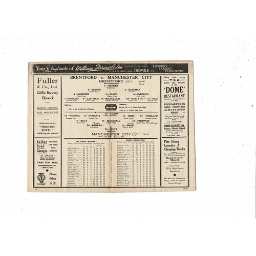 1937/38 Brentford v Manchester City Football Programme