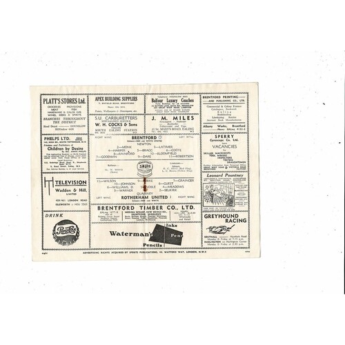1953/54 Brentford v Rotherham United Football Programme