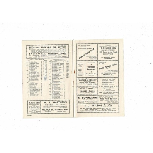 1953/54 Brentford v Rotherham United Football Programme