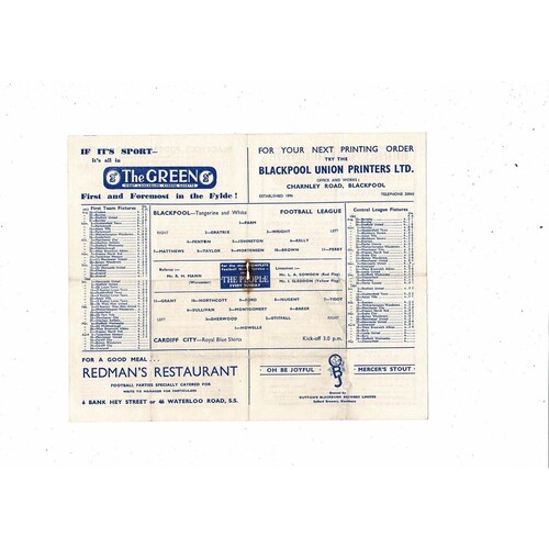 1953/54 Blackpool v Cardiff City Football Programme