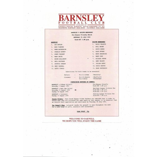 Barnsley v Bolton Wanderers Friendly Football Programme 1992/93