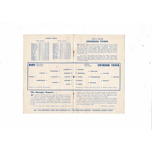 1959/60 Bury v Swindon Town Football Programme 6th February