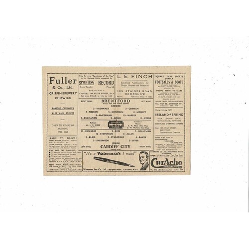 1948/49 Brentford v Cardiff City Football Programme