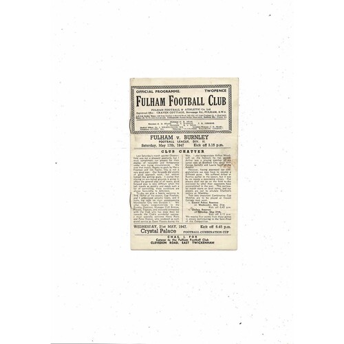 1946/47 Fulham v Burnley Football Programme