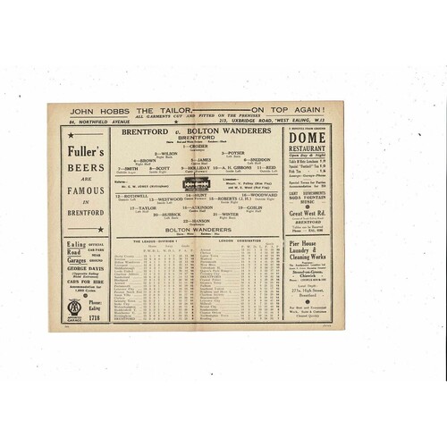 1938/39 Brentford v Bolton Wanderers Football Programme