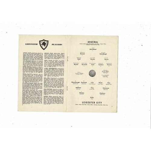 1960/61 Arsenal v Leicester City Football Programme