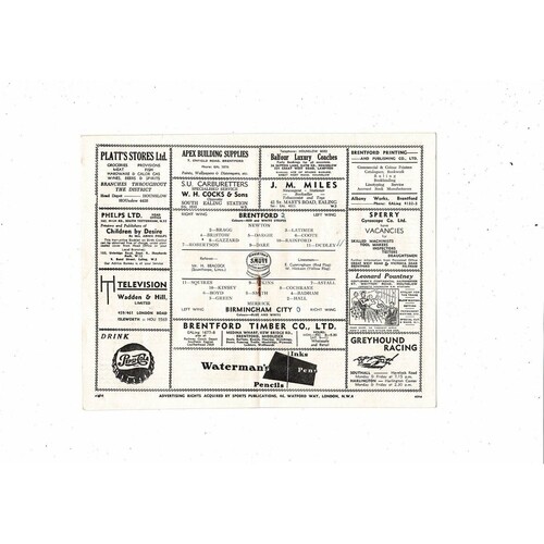1953/54 Brentford v Birmingham City Football Programme