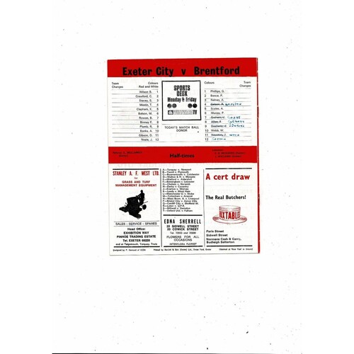 Exeter City v Brentford Friendly Football Programme 1972/73