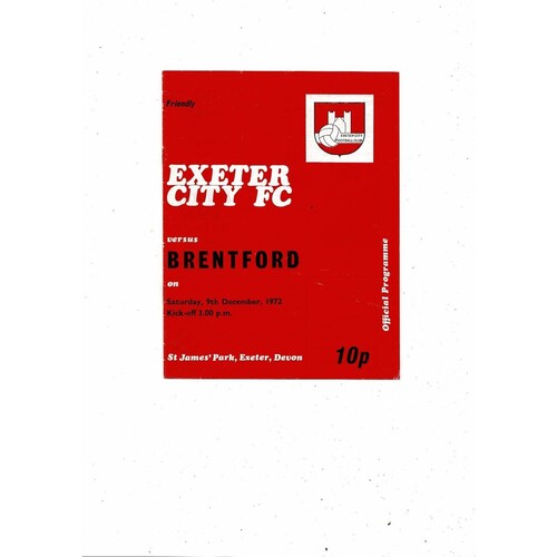 Exeter City v Brentford Friendly Football Programme 1972/73