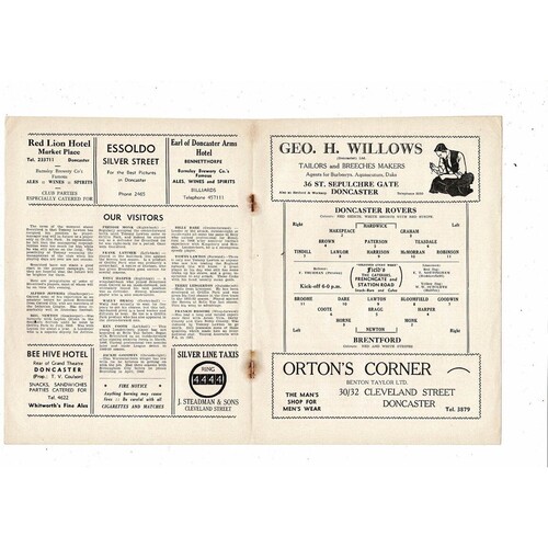 1953/54 Doncaster Rovers v Brentford Football Programme