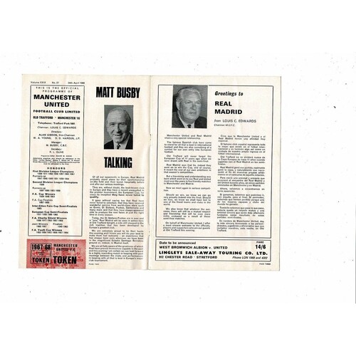 1967/68 Manchester United v Real Madrid European Cup Semi Final Programme Auto'd