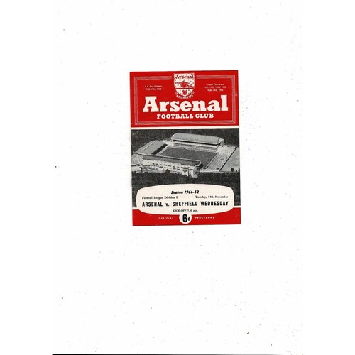 1961/62 Arsenal v Sheffield Wednesday Football Programme