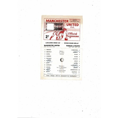 1968/69 Manchester United v Oldham Athletic Lancashire Snr Cup Replay Programme