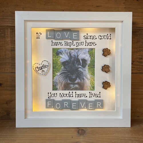 Customised Dog Memorial Photo Frame | LED Pet Memorial Picture Frame | Photo Frame with Scrabble Tiles | Customise a Frame