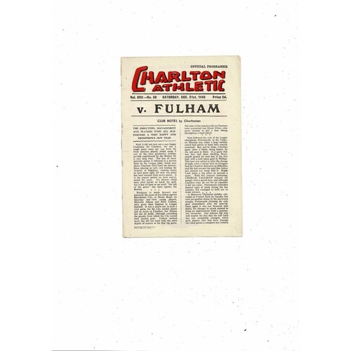 1949/50 Charlton Athletic v Fulham Football Programme