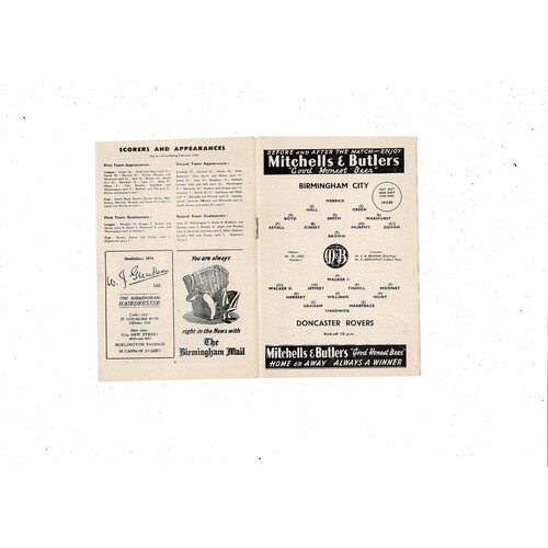 1954/55 Birmingham City v Doncaster Rovers FA Cup Football Programme