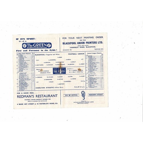 1953/54 Blackpool v Charlton Athletic Football Programme