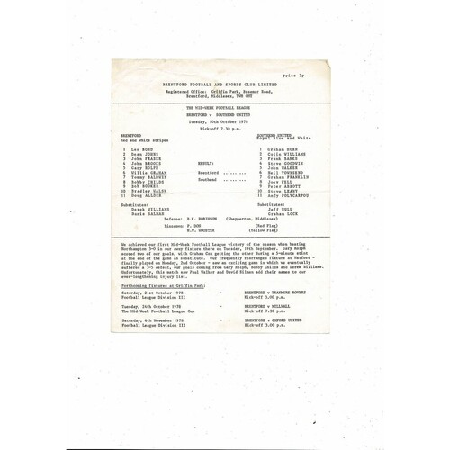 Brentford v Southend United Mid-Week League Football Programme 1978/79