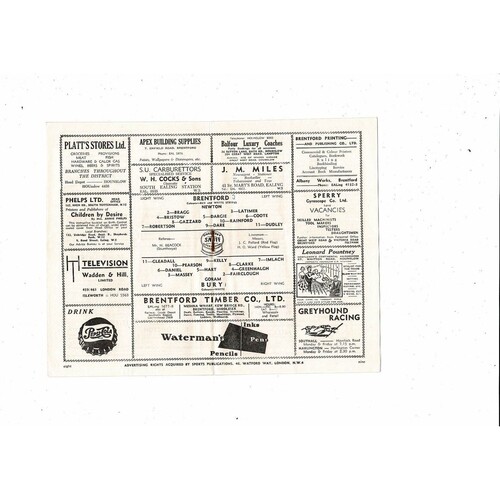 1953/54 Brentford v Bury Football Programme