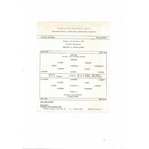 Brentford v Bristol Rovers Football Combination Programme 1964/65