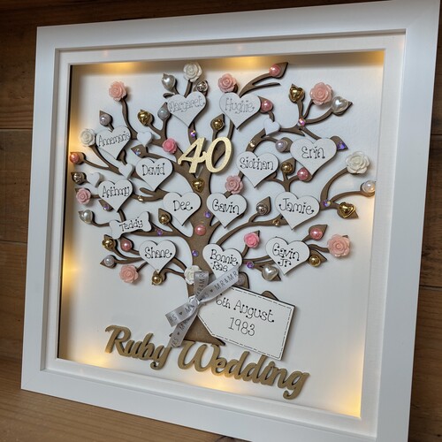 Personalised Anniversary Gift – Custom Family Tree Frame with Names, Pearls & Optional Lights