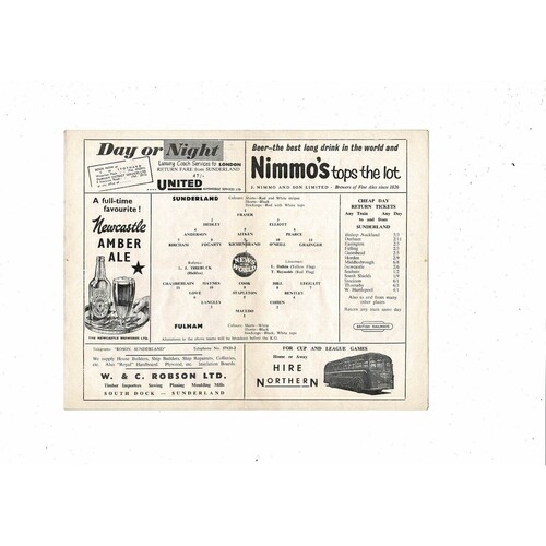 1958/59 Sunderland v Fulham Football Programme