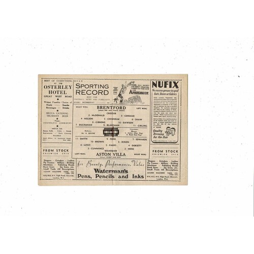 Brentford v Aston Villa Friendly Football Programme 1947/48