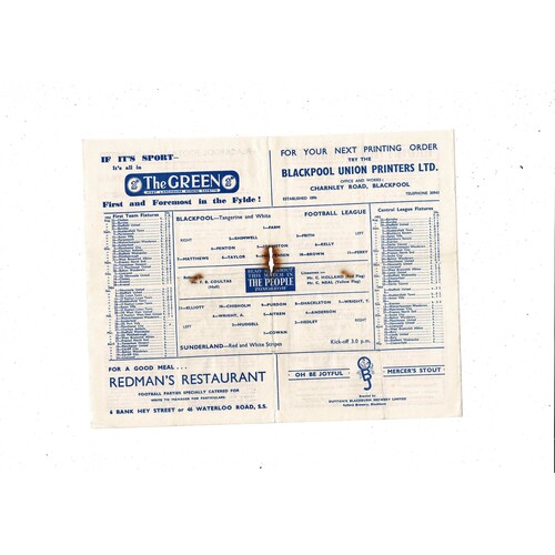1953/54 Blackpool v Sunderland Football Programme