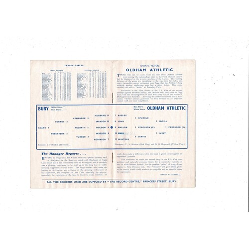 1959/60 Bury v Oldham Athletic FA Cup Football Programme.