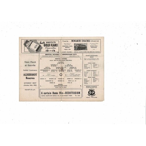 1953/54 Bristol Rovers v Birmingham City Football Programme