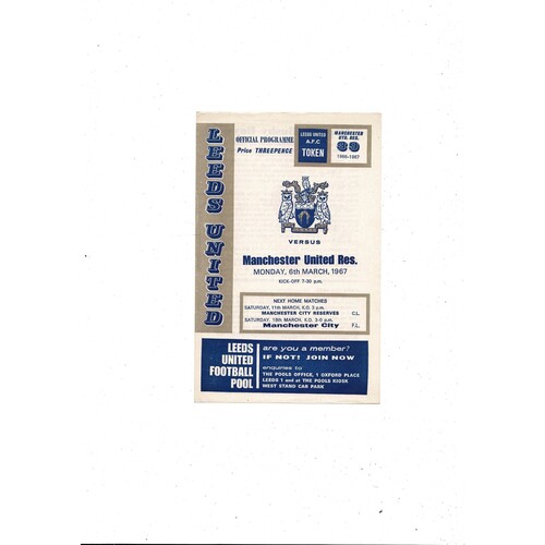 Leeds United v Manchester United Central League Football Programme 1966/67 6th March